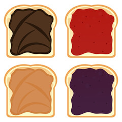 Set of toast (bread) with various kinds of spread, such as chocolate, peanut butter, strawberry jam, and blueberry jam