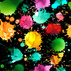 Vector abstract watercolor seamless pattern on a black background. Colorful allover pattern. Grunge background.