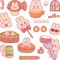 Cute bunny rabbit and dessert hand drawn illustration set collection transparent journal sticker 