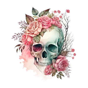 Skull with flowers isolated on white. Watercolor painting. AI generated image. 