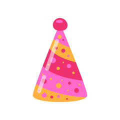 Pink birthday party hat cartoon illustration. Colorful accessory for celebration, carnival paper cone cap for children isolated on white background. Holiday, festive atmosphere concept