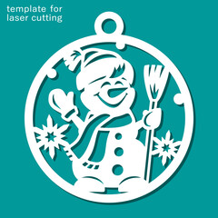 Christmas ball with a snowman. Round hanging decoration with cheerful cartoon character in hat, scarf, mittens, with broom, carrot, snowflakes. Template for plotter laser cutting, carving, engraving.