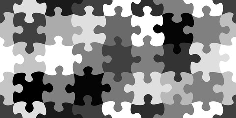Seamless jigsaw puzzle pieces urban camouflage background pattern in black and white greyscale monochrome. Creative problem solving or business teamwork concept wallpaper texture. 3D rendering. .