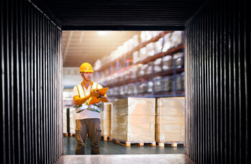 Worker Holds A Clipboard Checking the Loading Cargo Shipment at Distribution Warehouse. Shipping Cargo Container. Shipment Boxes. Delivery. Inventory Supplies Warehouse. Freight Truck Logistics.