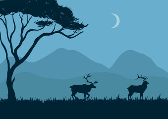 Vector illustration of wildlife with blue silhouettes
