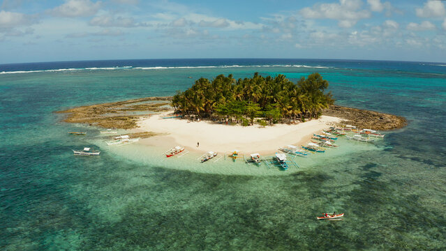 Tropical island with sand beach, palm trees by atoll with coral reef, top view. Guyam island, Philippines, Siargao. Summer and travel vacation concept.