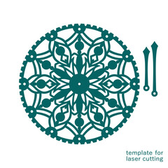 Round decorative clock. Openwork dial in the shape of snowflake, flower, mandala. Hour, minute hands. Vector template for plotter laser cutting of paper, fretwork, wood carving, metal engraving, cnc.
