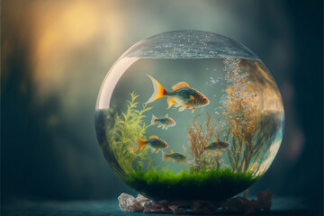 Magical Aquatic Plants with colorful fishes in a very dreamy luxury globe clear glass. Generative AI