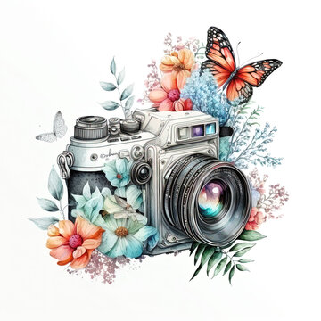 Camera and flowers isolated on white. Watercolor. AI generated image