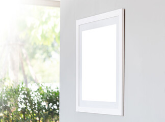 Mockup image of Blank photo frame white screen posters and on wall in coffee shop, Wooden frame for advertising