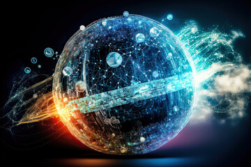 Obraz premium IoT Internet of Things Illustration Weltweiter Datenfluß Bigdata Visualisierung von Datenstreams Neuronale Netze Business Analysen Graph Generative AI Digital Art Backdrop Hintergrund Brainstorming 