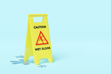 caution slippery or wet floor caution plastic sign with wet area isolated on blue background. warning symbol, 3d render illustration, clipping path