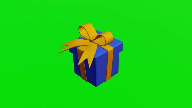 Blue gift box with golden ribbon, 3D gift box animation on a green screen, Rotating Gift Box,  Valentine's Day, Holidays and gifts concept, Seamless loop, 3D render