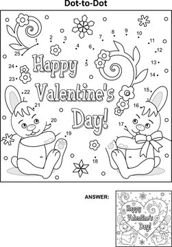 "Happy Valentine's Day!" greeting card dot-to-dot hidden picture puzzle and coloring page. Answer included.
