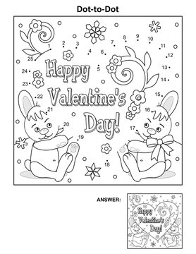 "Happy Valentine's Day!" greeting card dot-to-dot hidden picture puzzle and coloring page. Answer included.
