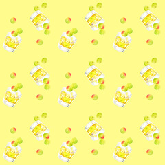 梅の実とグラスに入った梅酒パターン　手描き水彩イラストの果物柄