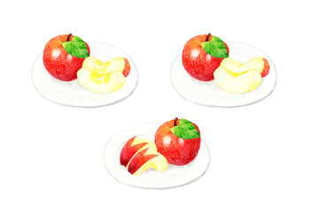 お皿に乗ったカットりんごのセット　フルーツの手描き水彩イラスト素材集