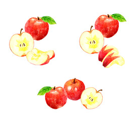 赤い蜜入りりんごのセット　フルーツの手描き水彩イラスト素材集