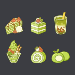 Set of Green Matcha Desserts. Hand Drawn Vector Illustration. Icon set