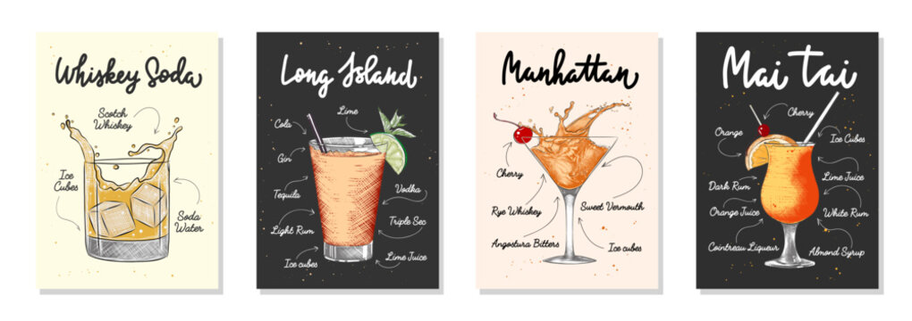 Set of 4 advertising recipe lists with alcoholic drinks, cocktails and beverages lettering posters, wall decoration, prints, menu design. Hand drawn typography with sketches. Handwritten calligraphy.