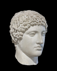 Head of Hermes, herald of gods, the protector of travellers, thieves, merchants, and orators. Marble sculpture, roman period. Ancient Side, Turkey. Isolated, black background