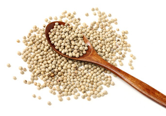 White peppercorns on white background