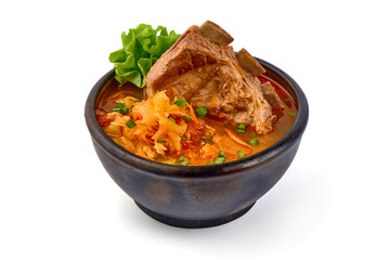 Cabbage soup with meat. Traditional dish, isolated on white background.
