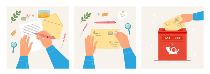 Set of square postcards theme sending letters to a friend. Hands write a letter, stick a stamp on the envelope and send it to the mailbox. Vector cards for social media post