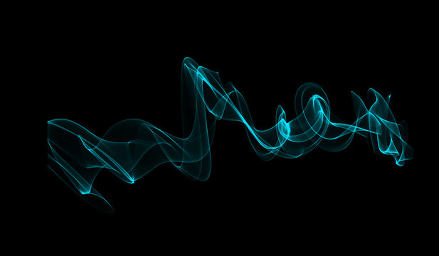Abstract blue color puffs of smoke swirl overlay on transparent background. Royalty high-quality free stock PNG image of abstract smoke overlays on black backgrounds. Turquoise smoke swirls fragments