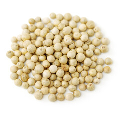 White peppercorns on white background