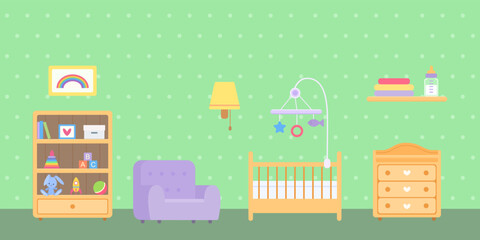 Nursery with furniture and toys on green background. Home interior concept. Cartoon flat style. Vector illustration