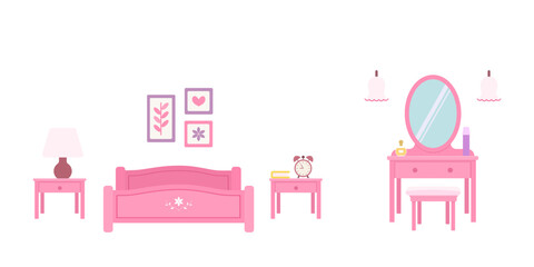 Bedroom with pink furniture and accessories on white background. Doll house interior concept. Cartoon flat style. Vector illustration