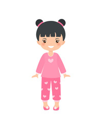 Cute chinese chibi girl dressed in pajamas, isolated on white background. Doll house interior concept. Cartoon flat style. Vector illustration