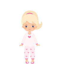 Cute chibi girl character dressed in pajamas, isolated on white background. Doll house interior concept. Cartoon flat style. Vector illustration