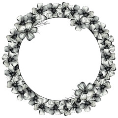 Cute Wreath with Flowers, Leaves and Branches Drawn by Colored Pencils. Hand Drawn Circle Frame for Your Text on White Background.