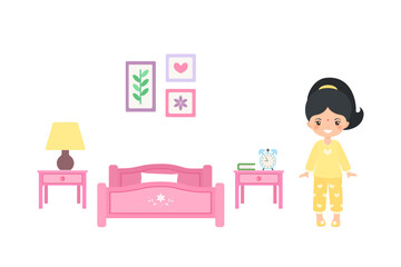 Cute Indian chibi girl dressed in pajamas in bedroom. Doll house interior concept. Cartoon flat style. Vector illustration
