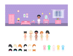 Cute African American chibi girl dressed in pajamas in bedroom. Dress up paper doll. Doll house interior concept. Cartoon flat style. Vector illustration