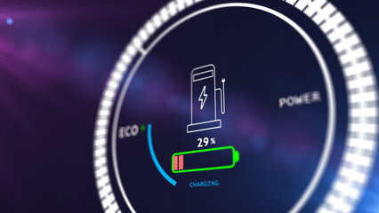 Electric car battery in active charging visionary dashboard . 3D rendering computer graphic .