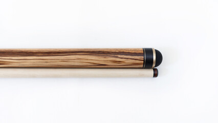 Billiard cues on a white background. Parts of a billiard cue close-up. Live photos of a billiard cue