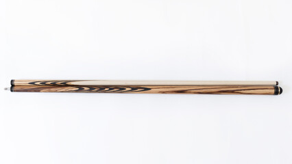 Billiard cues on a white background. Parts of a billiard cue close-up. Live photos of a billiard cue