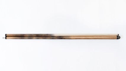 Billiard cues on a white background. Parts of a billiard cue close-up. Live photos of a billiard cue