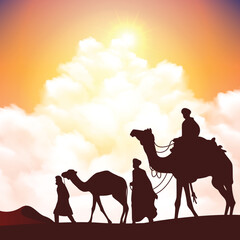 Bedouins and camels in desert dunes under sunset sky illustration. Islamic landscape arabian background.