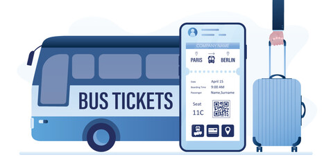 Mobile application for buying tickets online. Internet booking bus tickets. Bus, passenger holds suitcase and cell phone with app. Public transport, intercity transportation. © naum