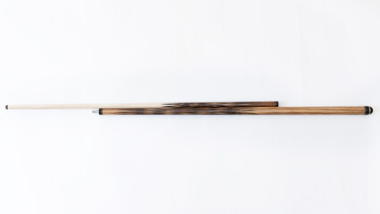 Billiard cues on a white background. Parts of a billiard cue close-up. Live photos of a billiard cue