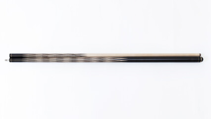 Billiard cues on a white background. Parts of a billiard cue close-up. Live photos of a billiard cue