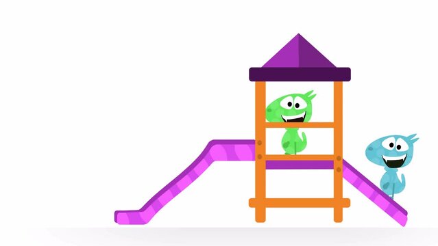 CUTE COLORFUL DINOSAURS HAVING FUN ON THE SLIDE / HAPPY DINO ON THE PLAYGROUND KIDS ANIMATION CLIP CHILD CARTOON FOOTAGE