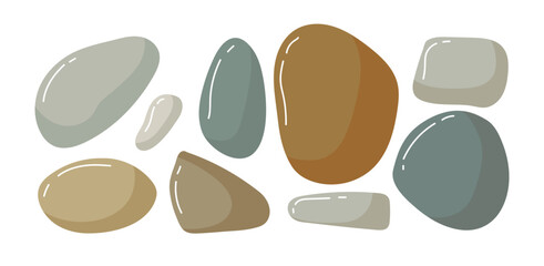 Beach pebbles set. Various shapes different colors. Vector Modern illustration isolated on white background. Beach, Spa, garden stones. Sea rocks. Minimalist shapes. Nature organic graphic elements.