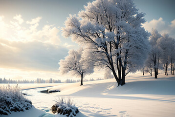 A snowy winter landscape with trees and a frozen stream and a cloudy sunlit sky above. Generative AI