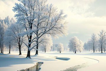 A snowy winter landscape with a stream running through it with patches of frozen water, and trees in the background. Generative AI