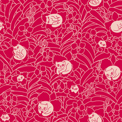 Hand-drawn animal seamless pattern. Endless background with cute funny cats and orchid flowers. Tropical print design for fabric or wallpaper